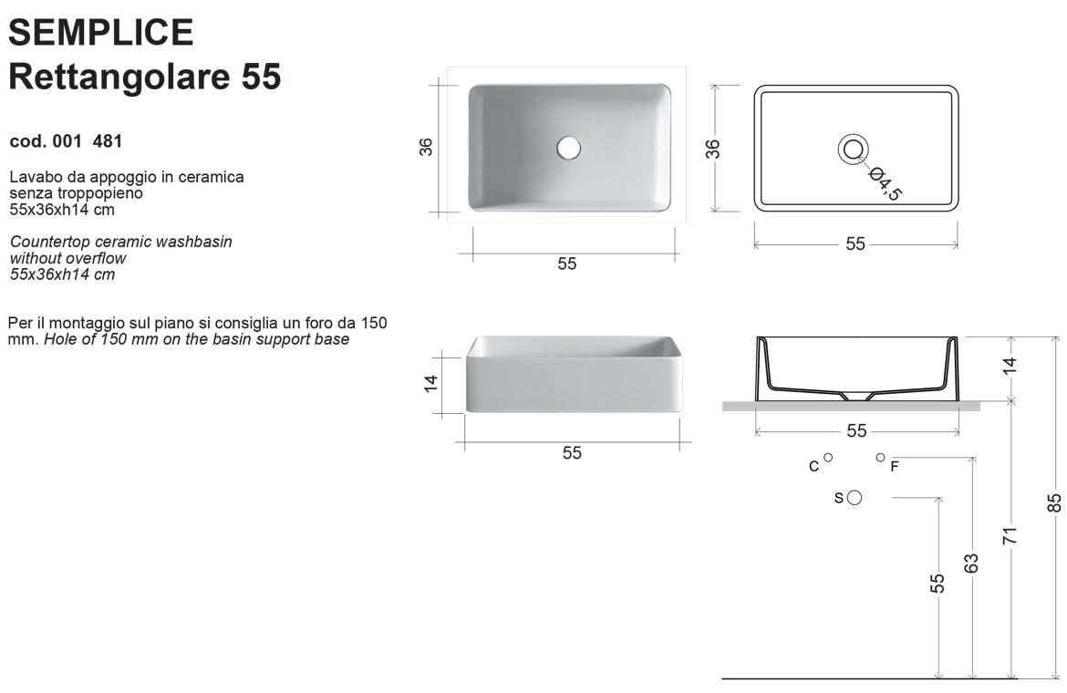 Nic Design Semplice Lavabo Rettangolare Da Appoggio 60x37