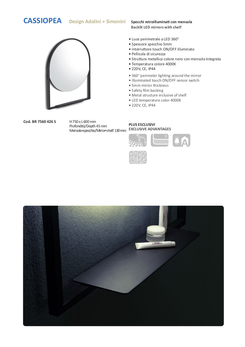 data sheet bathroom mirror led with shelf vanità e casa cassiopea