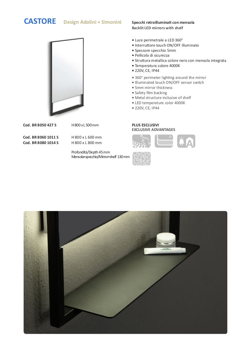 data sheet bathroom mirror led with shelf vanità e casa castore