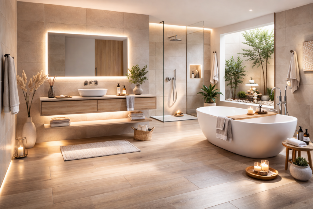 minimalistisches badezimmer mit hängenden möbeln und spiegel im feng-shui-stil