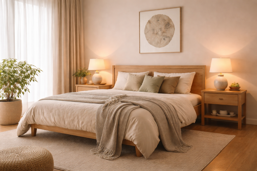 Feng-Shui-Schlafzimmer mit harmonischer Aufteilung und warmer Beleuchtung