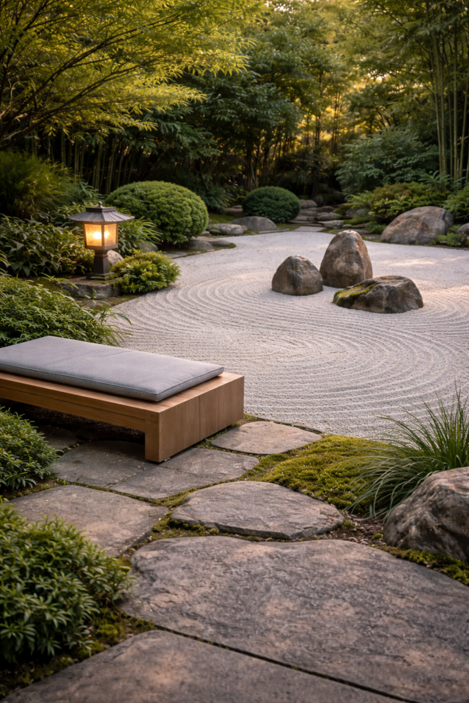 Jardin zen avec banc en bois naturel