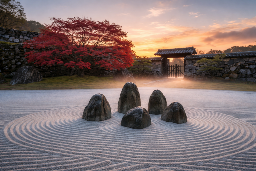 jardin zen moderne avec sable et rochers