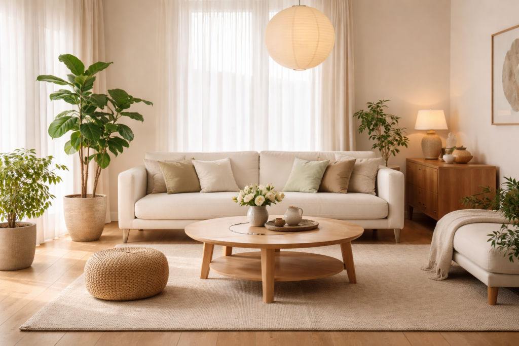 minimalistisches, nach Feng-Shui-Prinzipien eingerichtetes Wohnzimmer mit zentralem Tisch und sanfter Beleuchtung