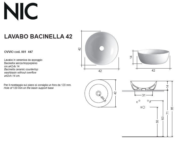 data sheet lay on washbasin ceramic diameter 42 nic design ovvio