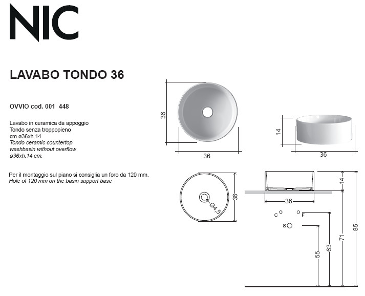 technische datenblatt aufsatzwaschbecken keramik ovvio tondo Durchmesser 36 nic design