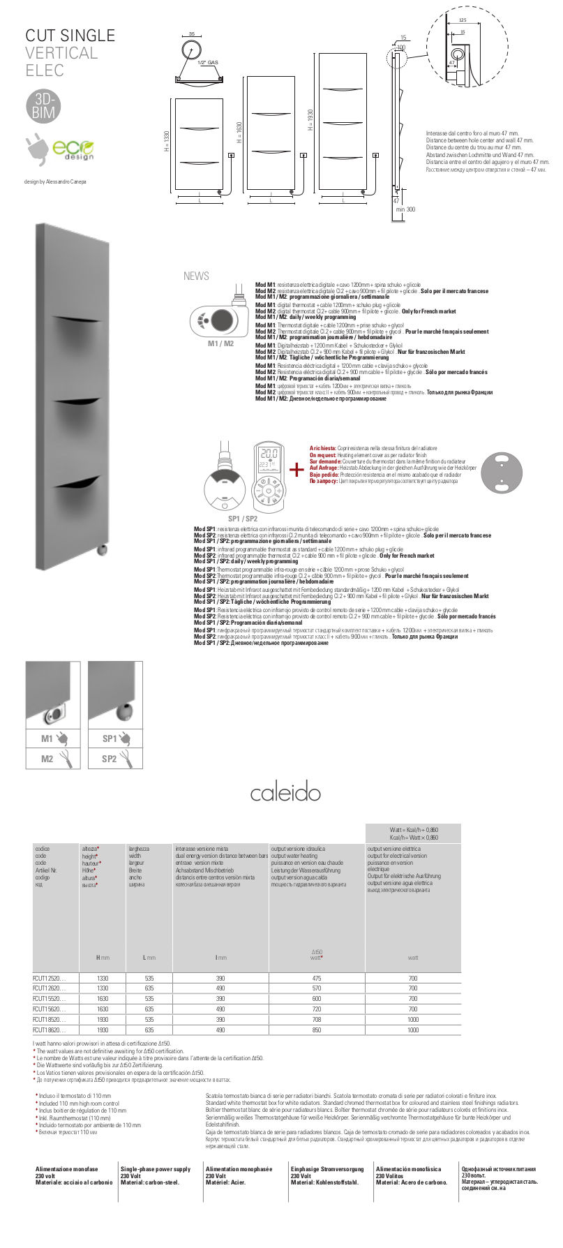 technical sheet cut electric plate radiator caleido