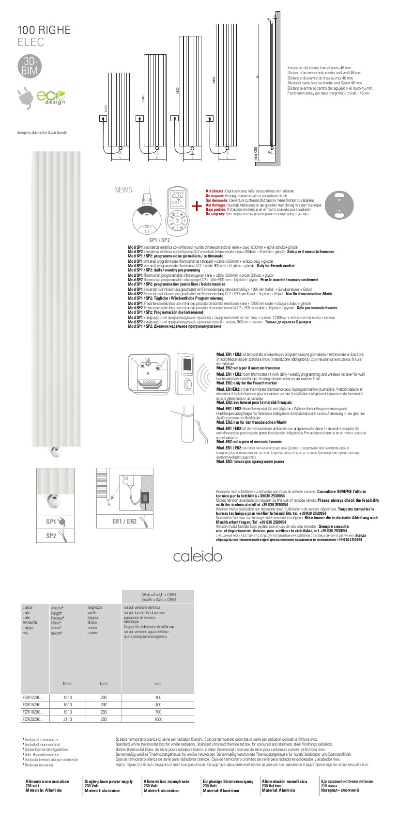 technical sheet electric radiator 100 righe electric caleido