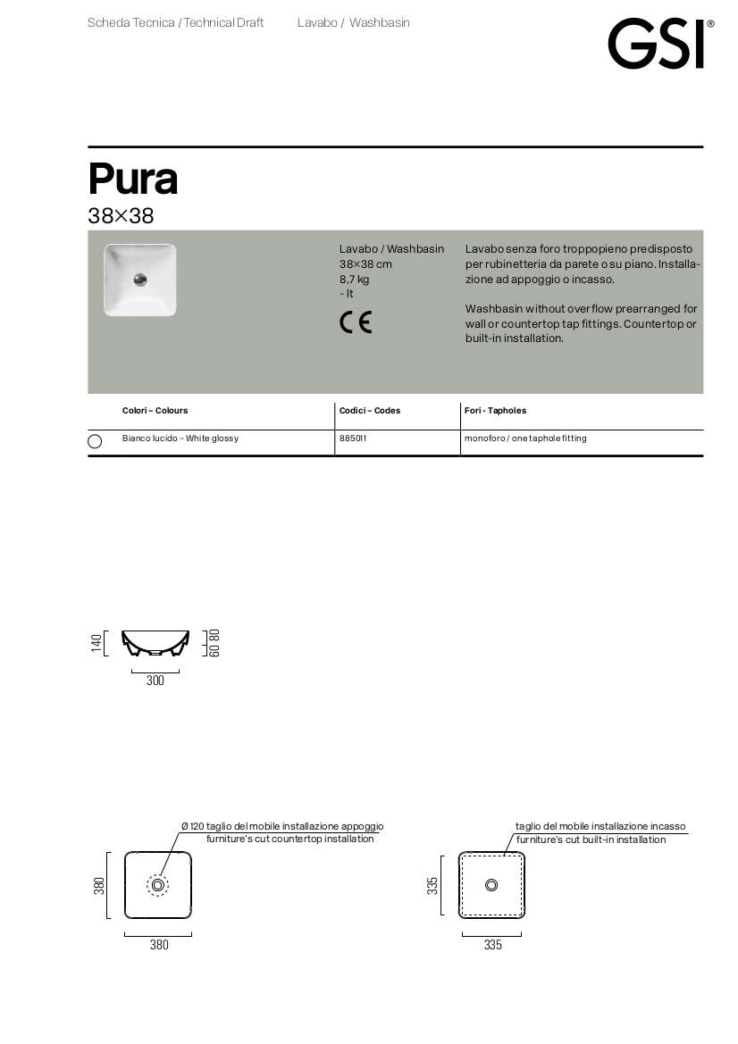 technical sheet pura built-in washbasin 38x38 gsi