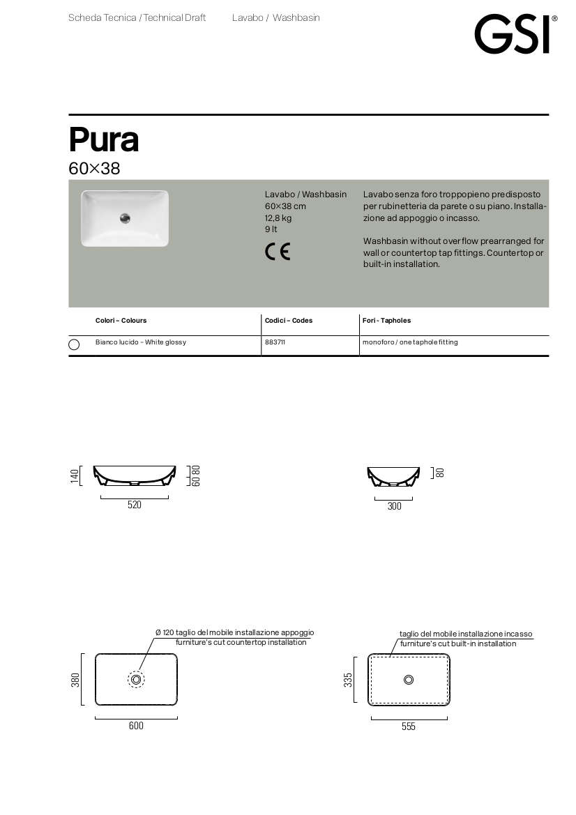 technical sheet pura built-in washbasin 60x38 gsi