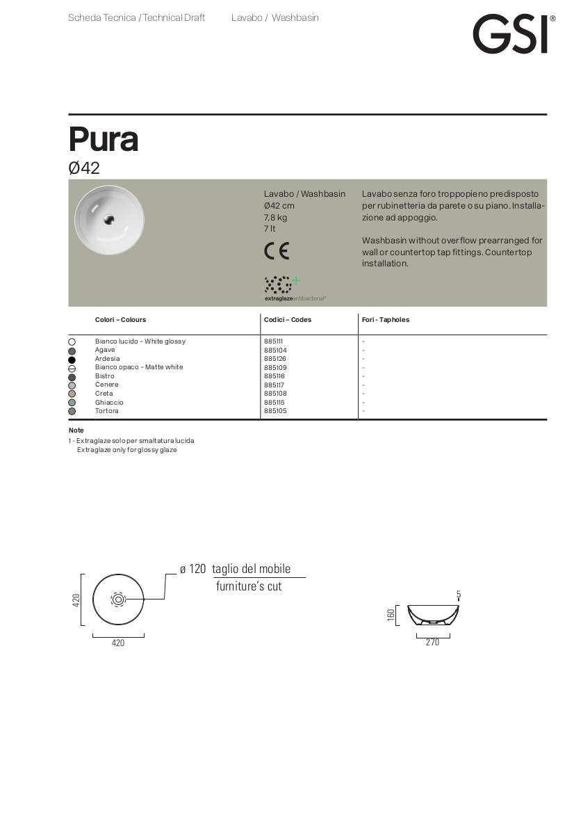 data sheet washbasin pura round diameter 42 gsi