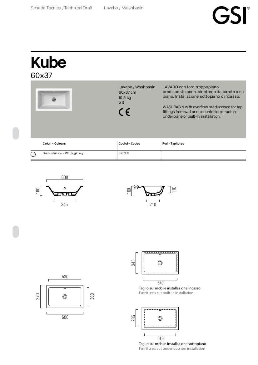 technical sheet under counter washbasin 60x37 kube x gsi