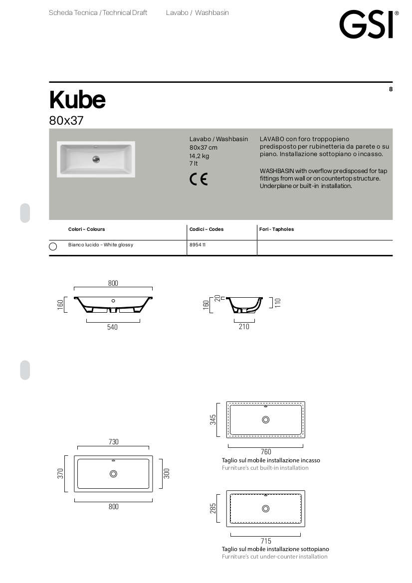 technical sheet under counter washbasin 80x37 kube x gsi