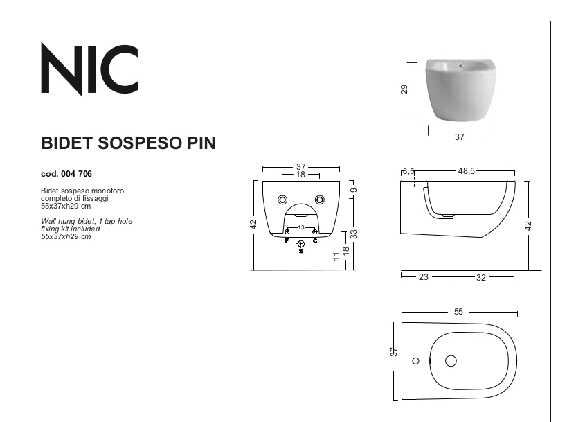 technical sheet wall hung bidet pin nic design