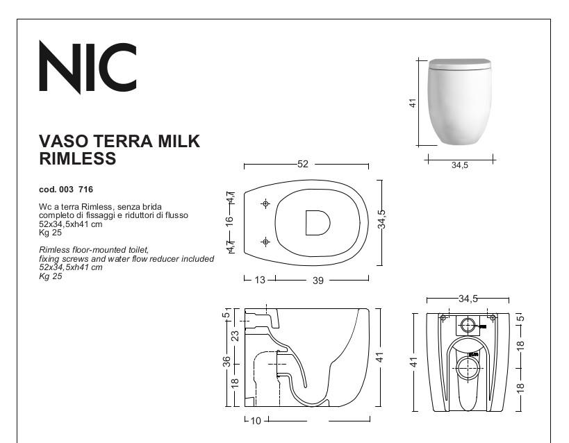 technical sheet floor standing wc milk rimless nic design