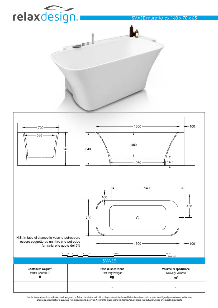 scheda tecnica vasca da bagno svase muretto destra relax design
