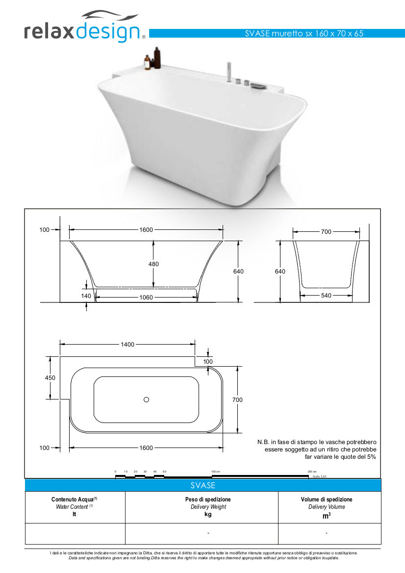 scheda tecnica vasca da bagno svase muretto sinistra relax design