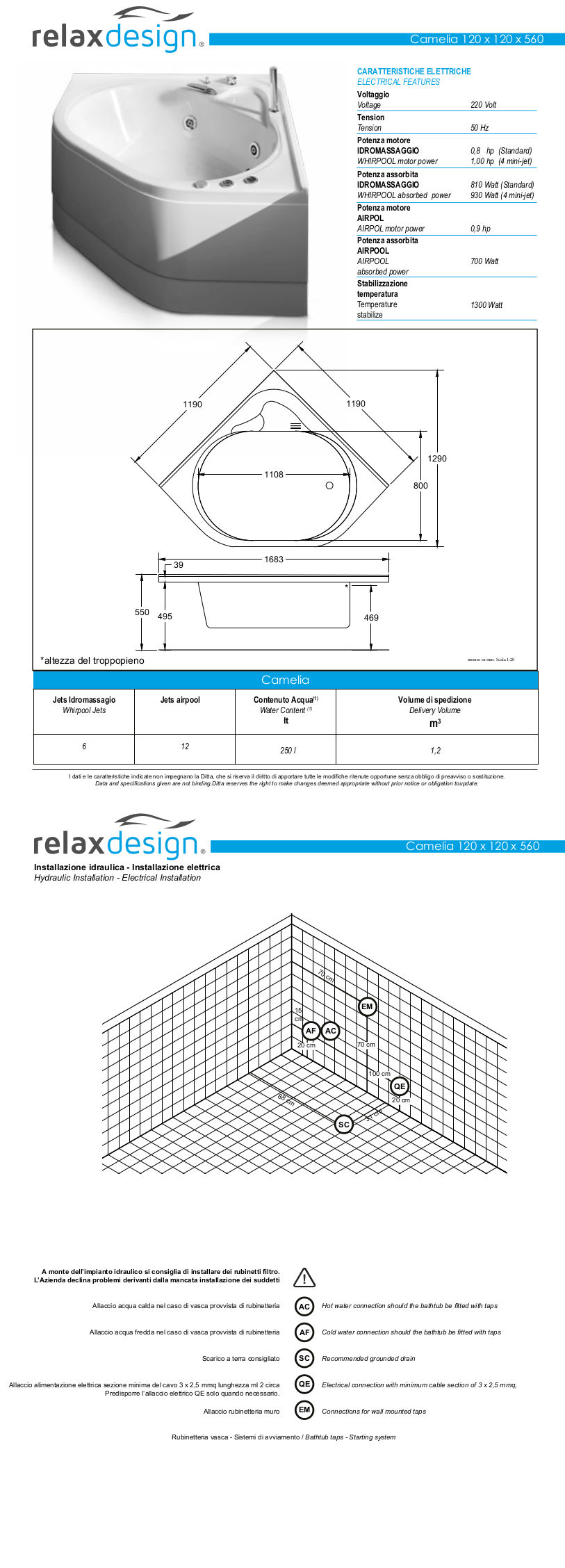 scheda tecnica vasca da bagno camelia relax design