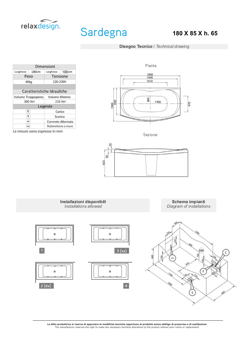 sardinia relax design bathtub data sheet