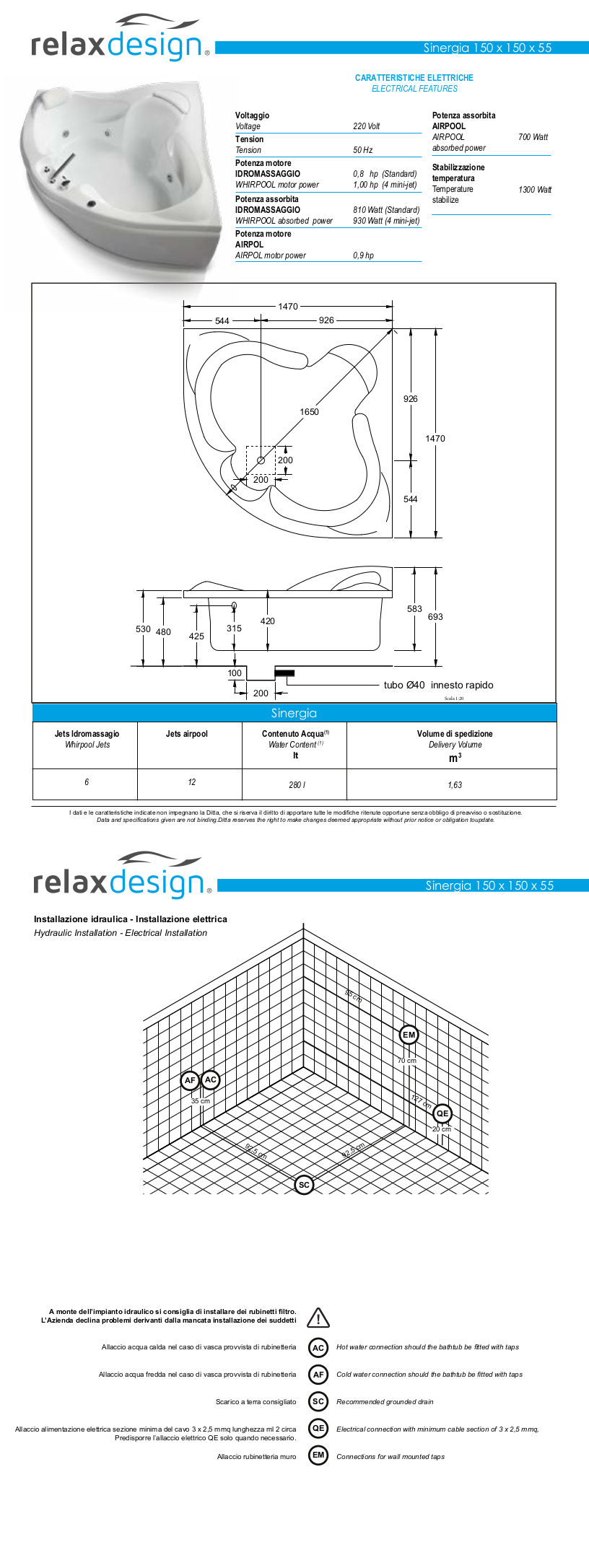 scheda tecnica vasca da bagno sinergia relax design