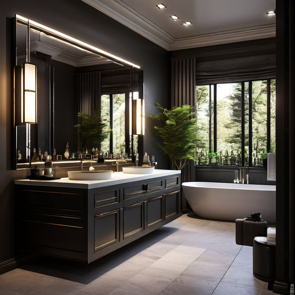 Badezimmer-dunkel-mit-Holz-Möbel
