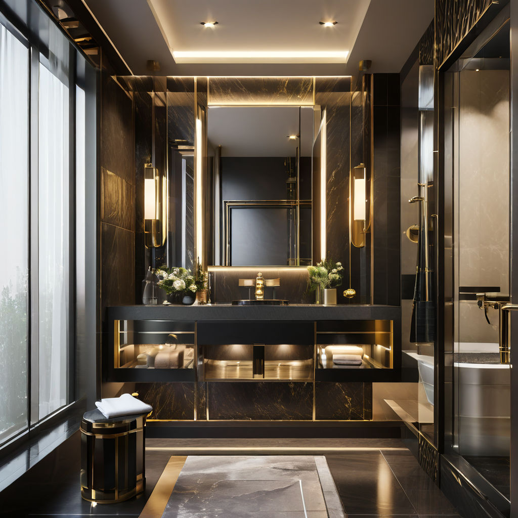 Badezimmer-dunkler-Marmor-und-Gold