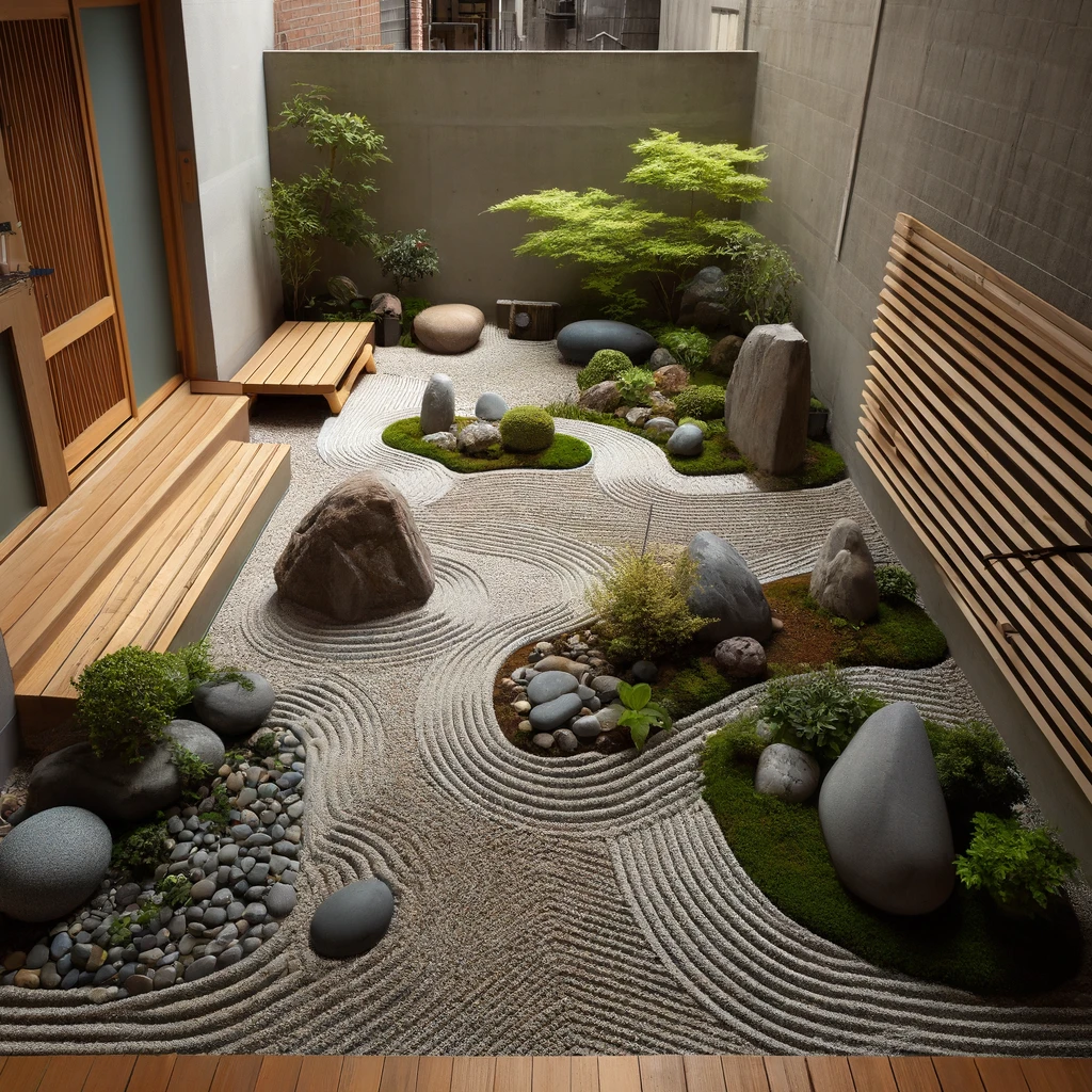 Garten-urbaner-Stil-Zen-Sand-und-Steine