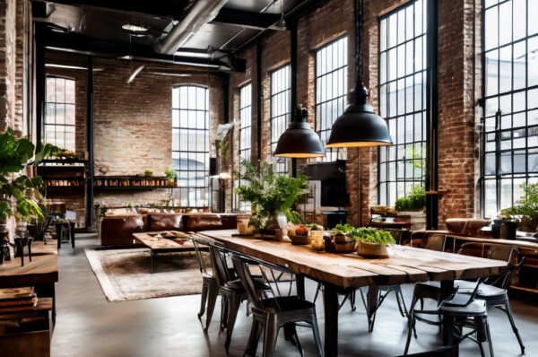 Stile-industriale-zona-pranzo-con-living
