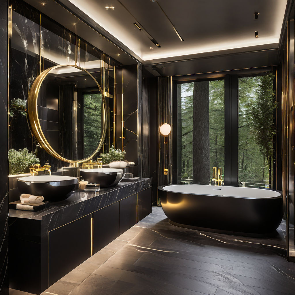Badezimmer-dunkler-Marmor-und-Wanne