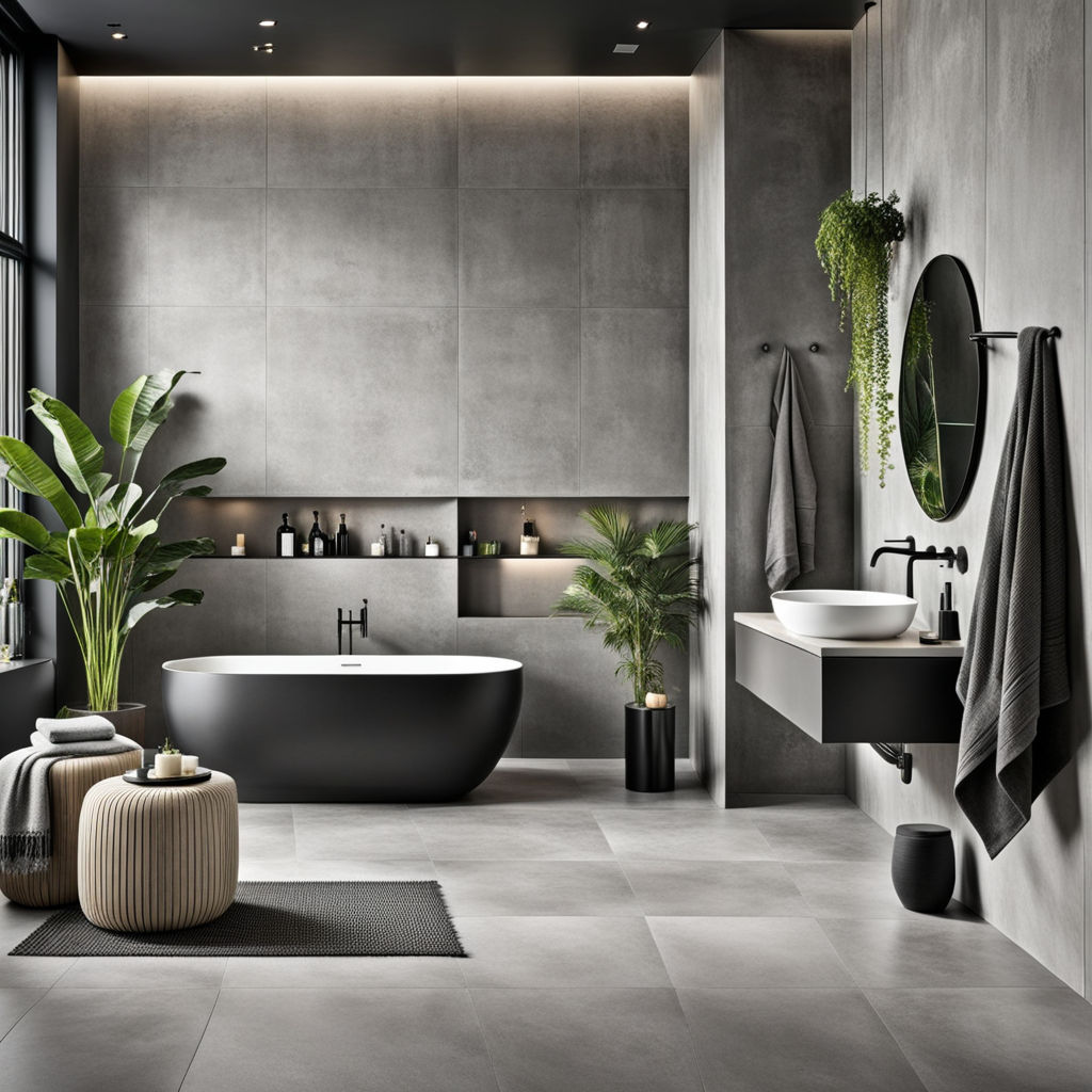 Bagno-effetto-cemento-colori-scuri-accessori-e-piante