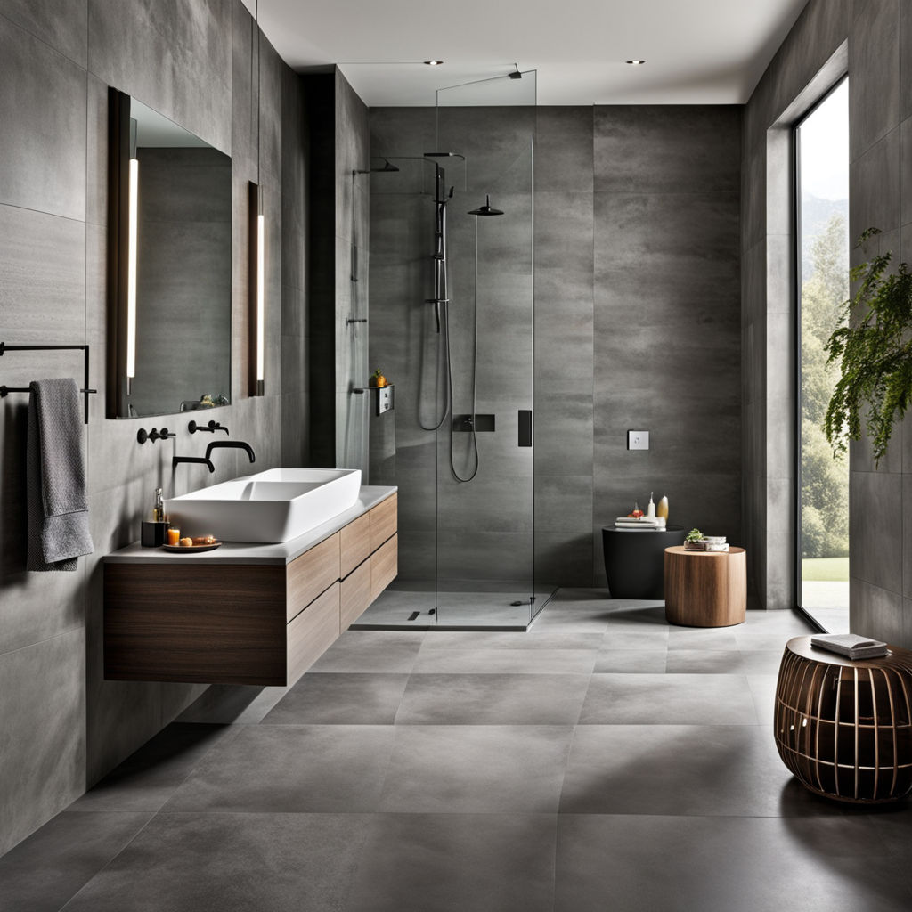 Bagno-effetto-cemento-scuro-con-doccia