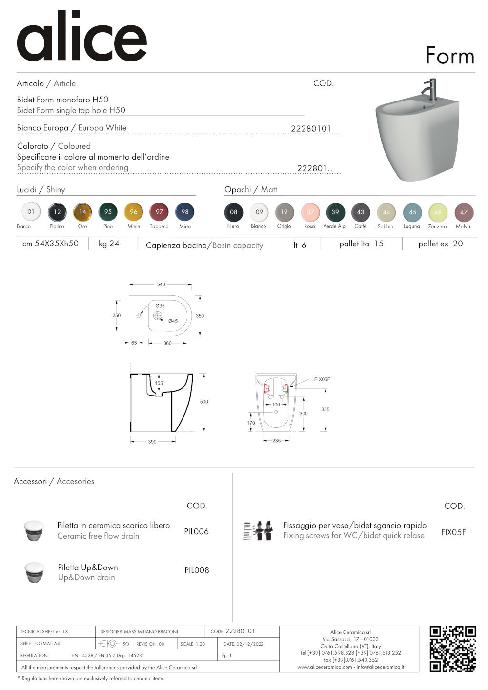 bidet h 50 form alice ceramics data sheet