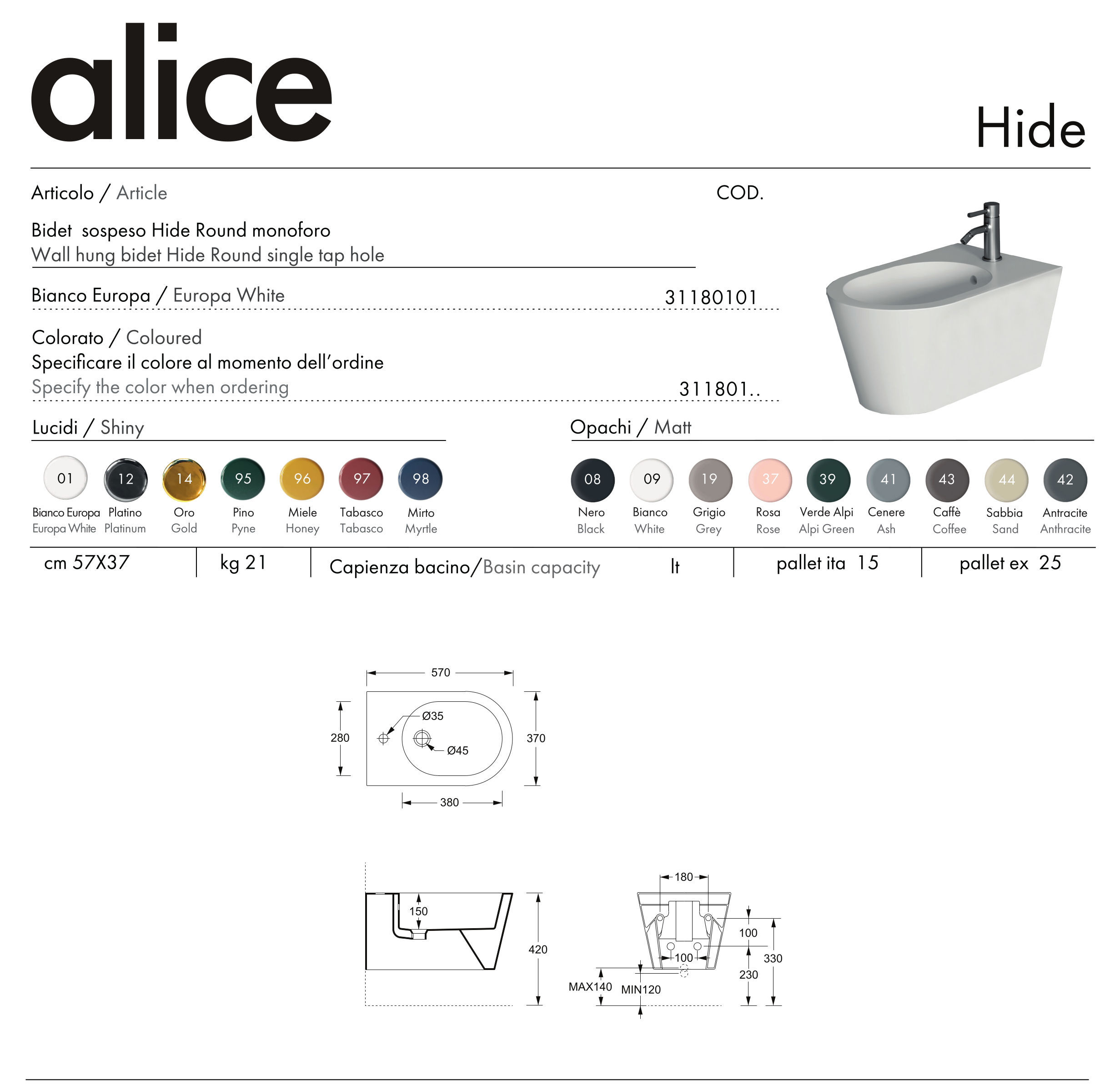 technical data sheet hide round wall-mounted bidet alice ceramica