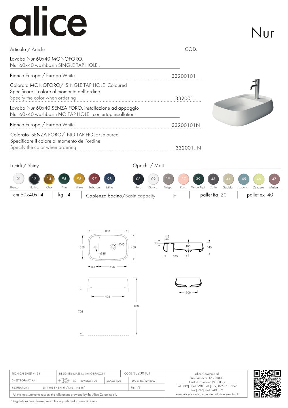 fiche technique vasque à poser 60x40 plan nur alice ceramica