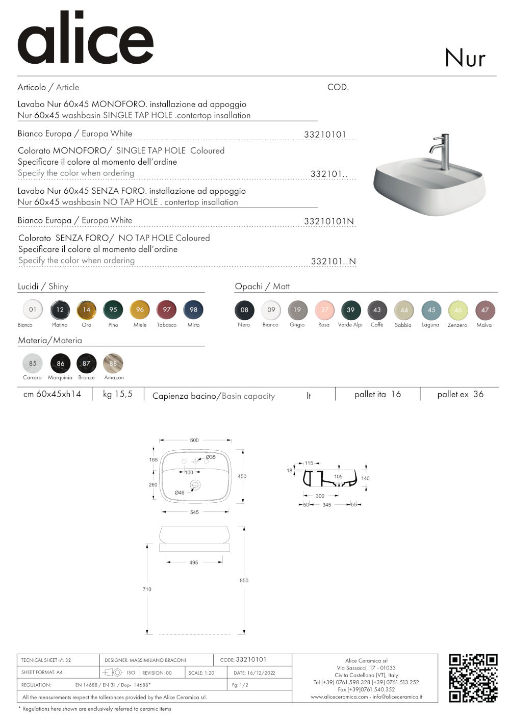technical data sheet countertop washbasin 60x45 nur plan alice ceramica