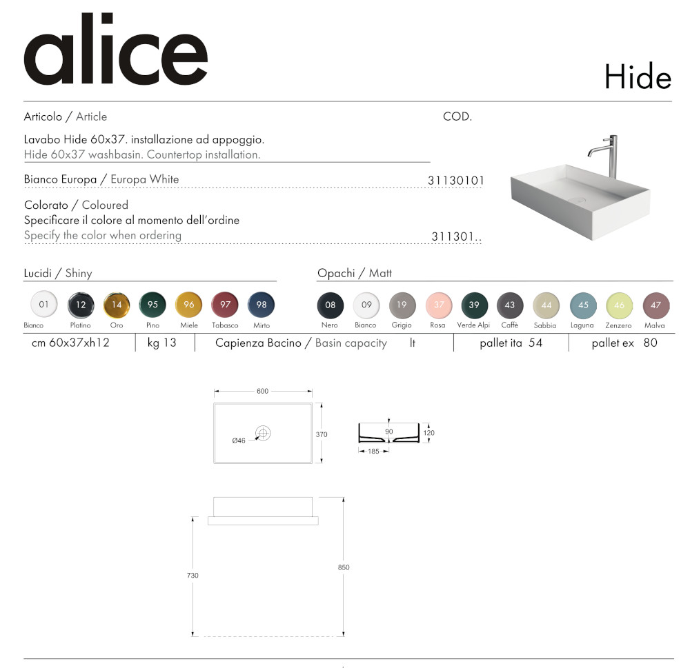scheda tecnica lavabo da appoggio hide 60x37 alice ceramica