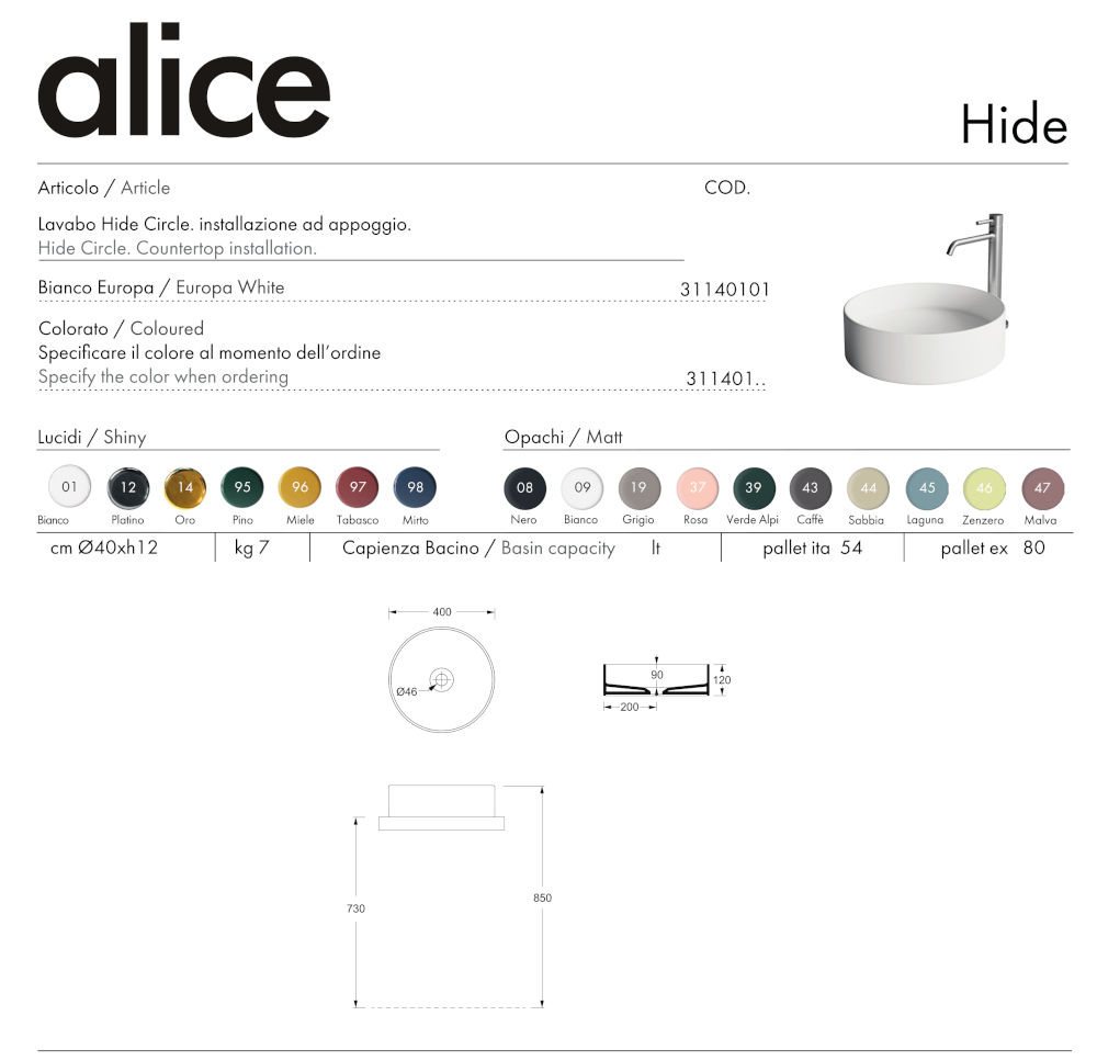 scheda tecnica lavabo da appoggio hide circle alice ceramica