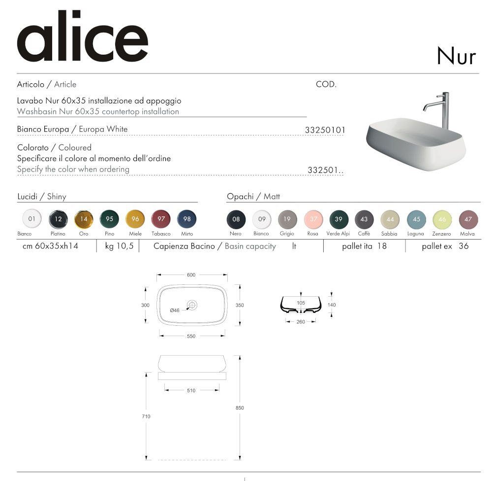 nur 60x35 countertop basin technical sheet alice ceramica