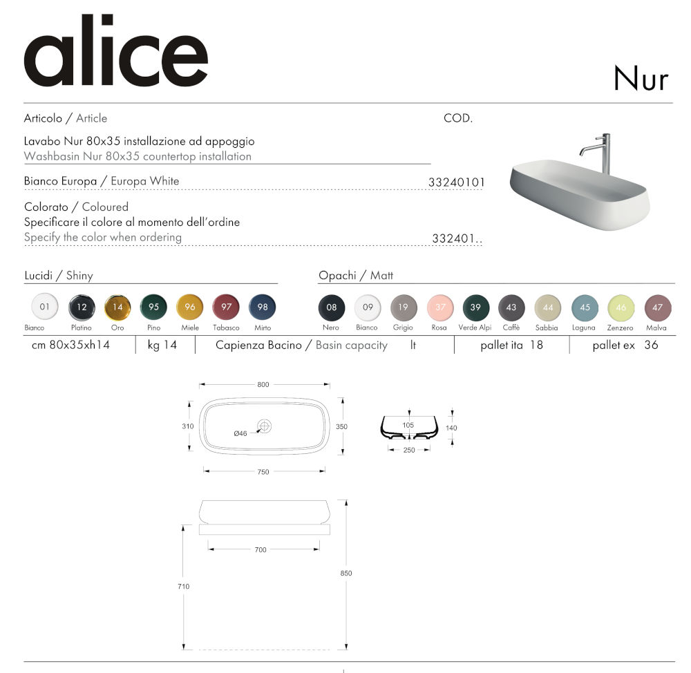 technical specifications nur 80x35 vessel sink alice ceramica
