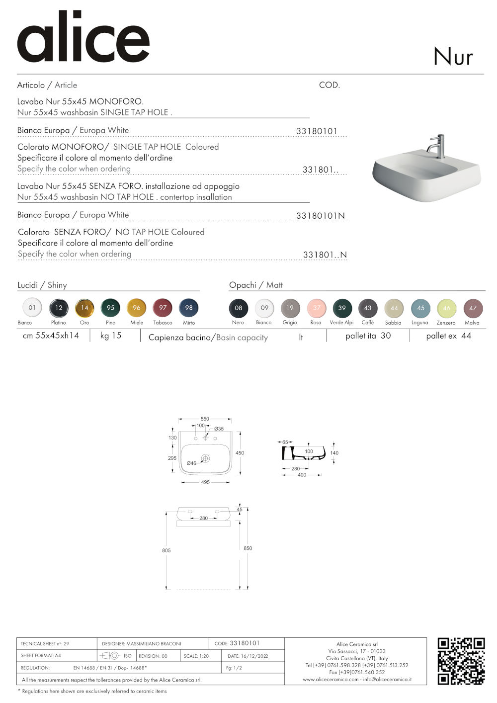 fiche technique lavabo suspendu 55x45 nur alice ceramica