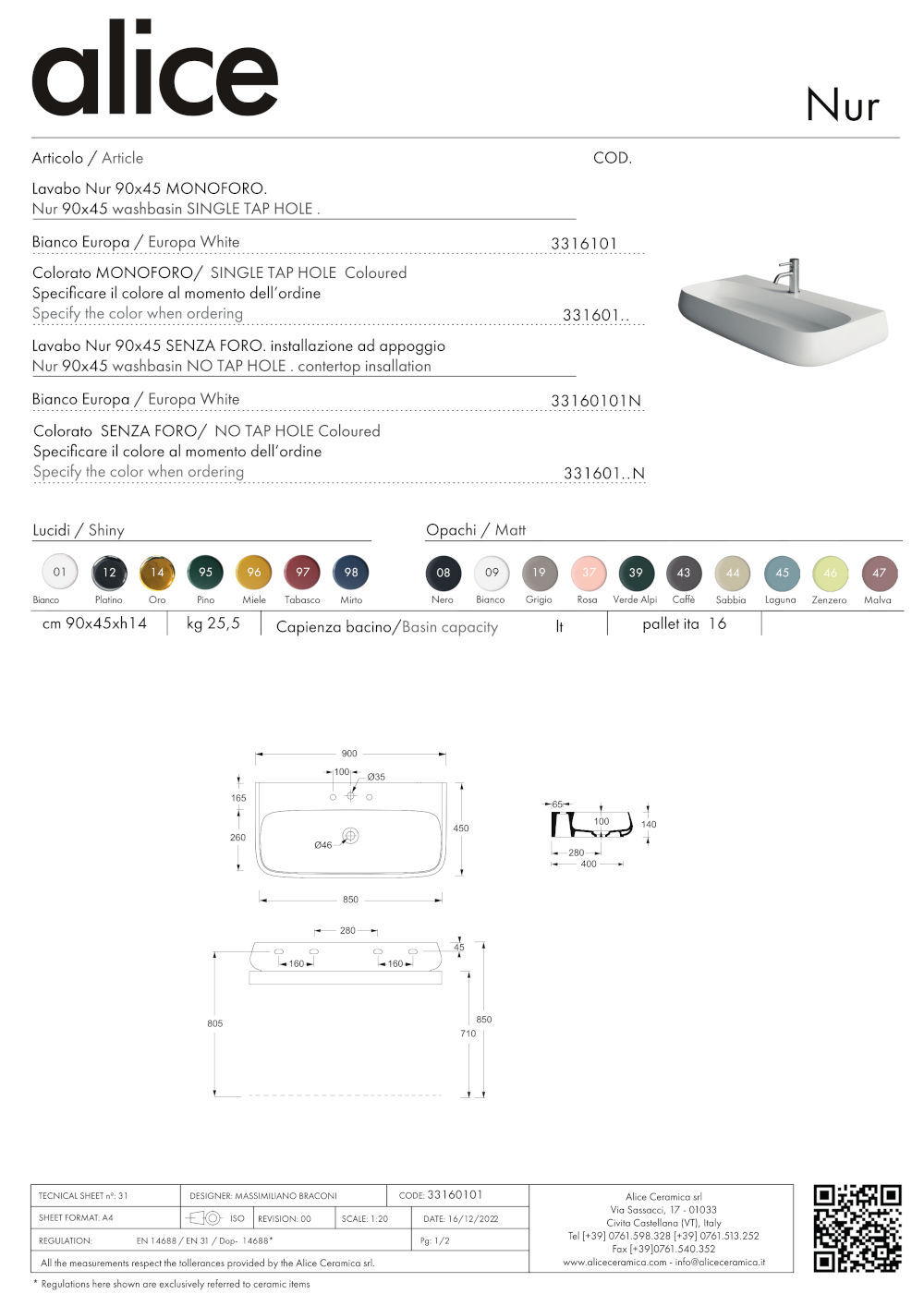technical specifications nur 90x45 wall-mounted sink alice ceramica