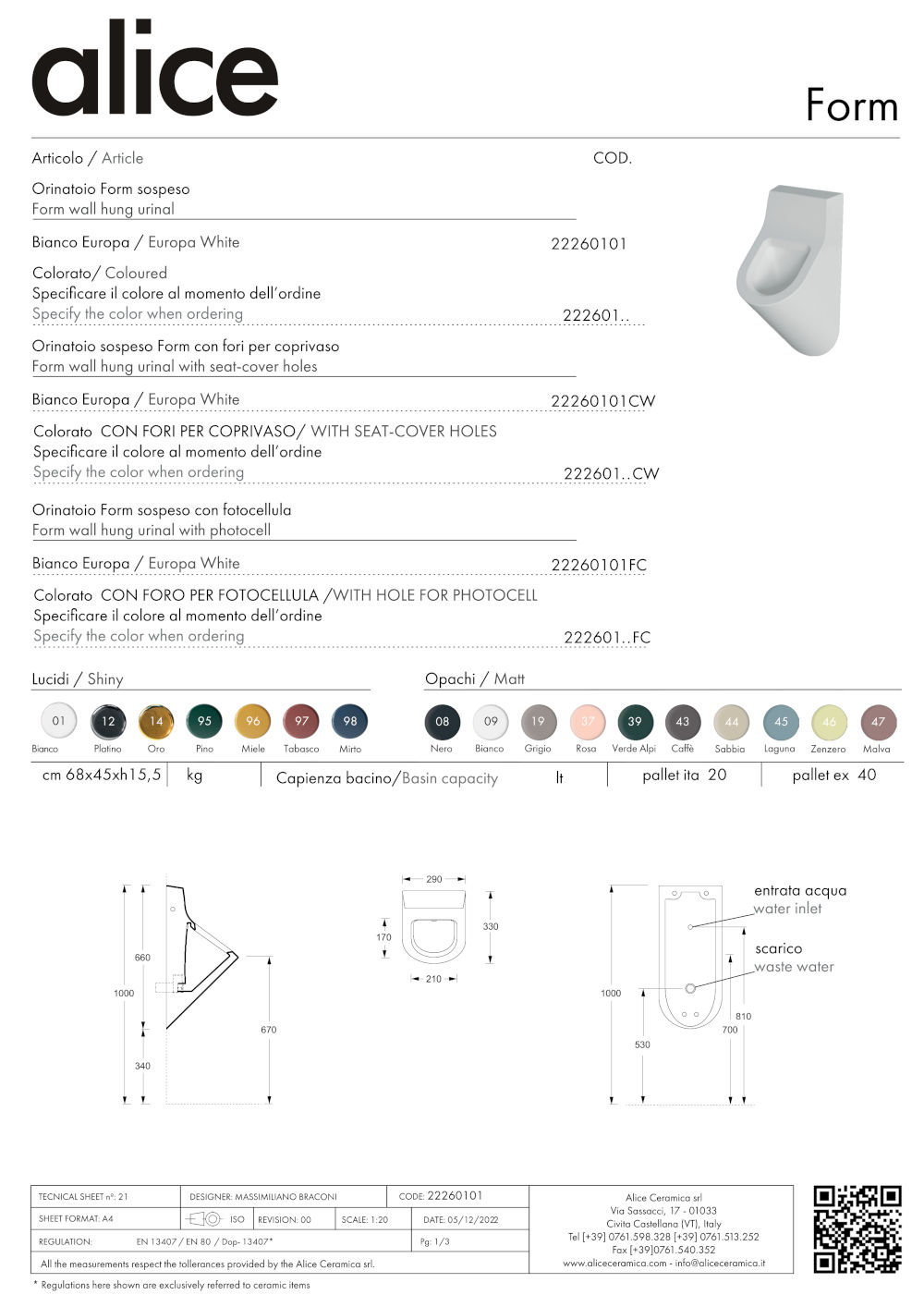 scheda tecnica orinatoio form alice ceramica