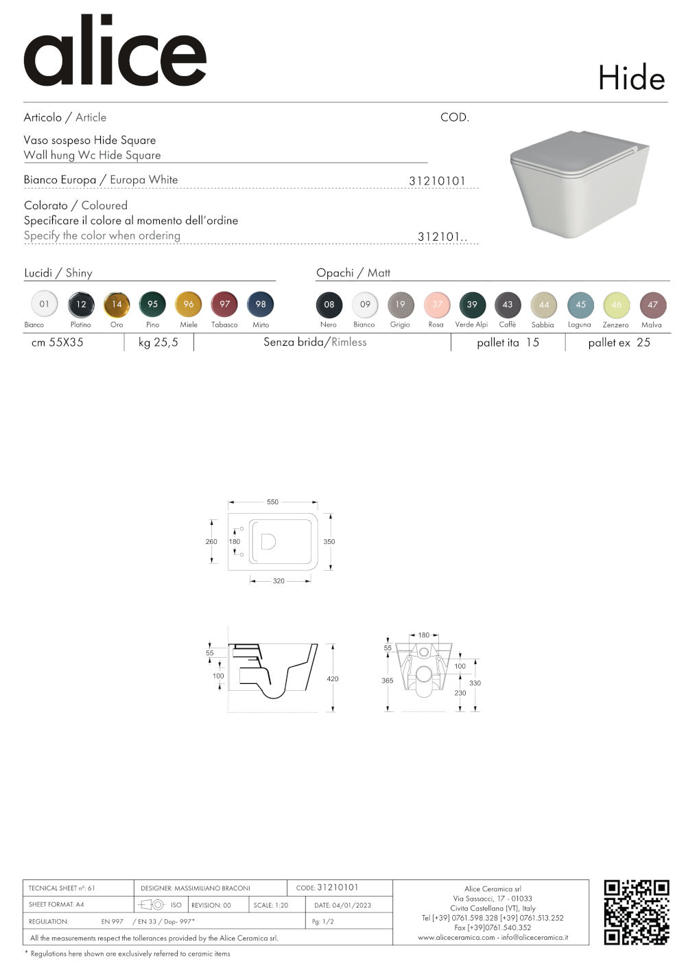 scheda tecnica vaso sopseso hide square alice ceramica
