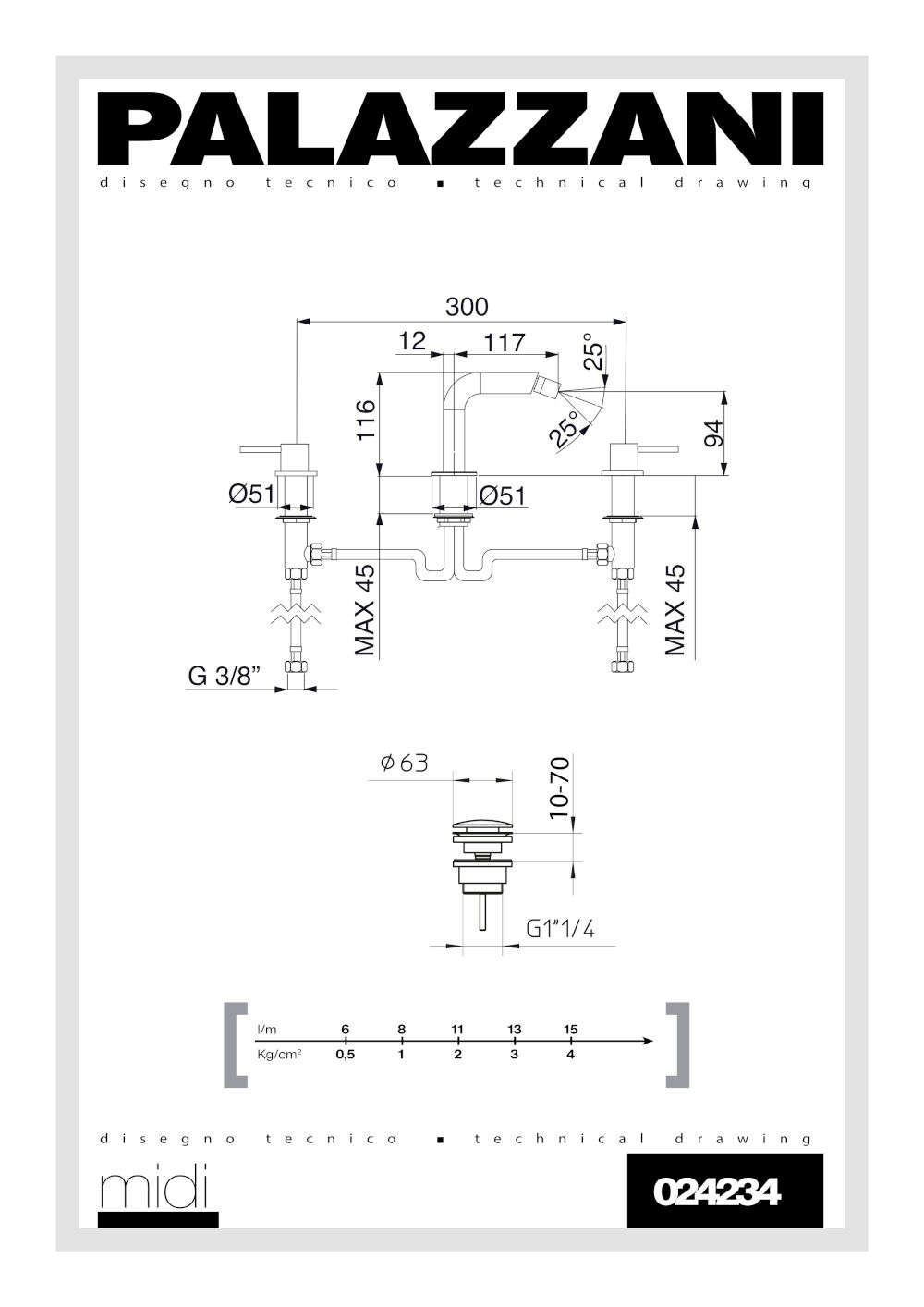 scheda tecnica batteria lavabo 3 fori con scarico 024234 midi palazzani