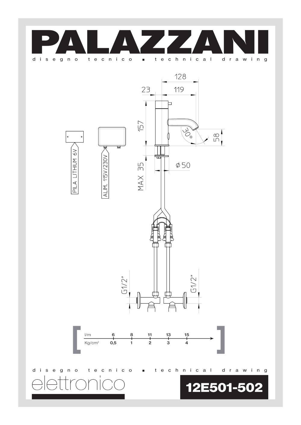scheda tecnica miscelatore elettronico per lavabo 12E502 palazzani