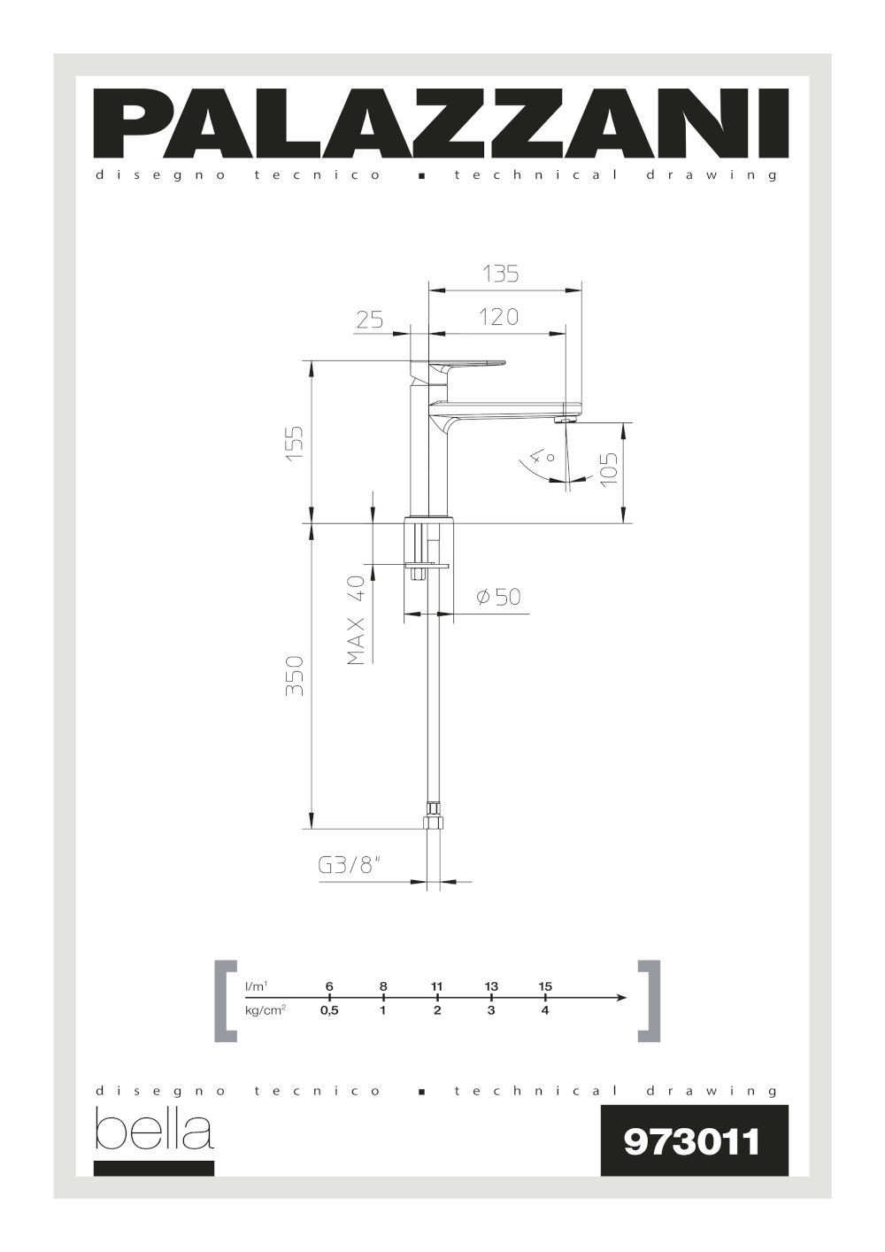 technical drawing bella palazzani 973011 basin mixer